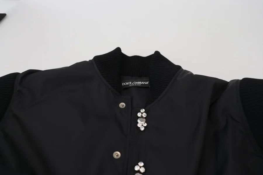 Dolce & Gabbana Black Nylon Crystals Coat Buttons Jacket