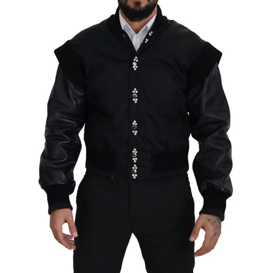 Dolce & Gabbana Black Nylon Crystals Coat Buttons Jacket