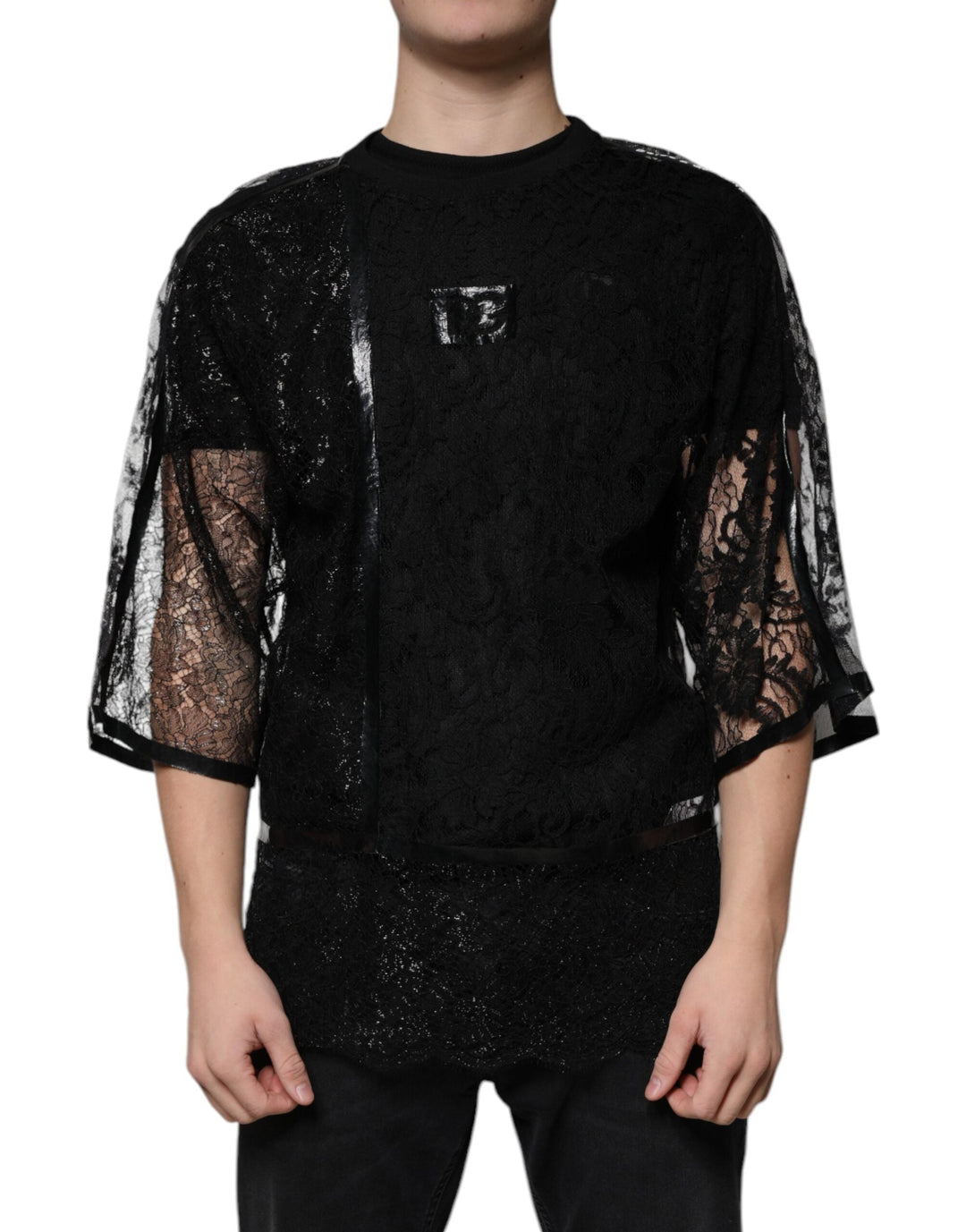 Dolce &amp; Gabbana Black Nylon Floral Lace Crew Neck T-shirt