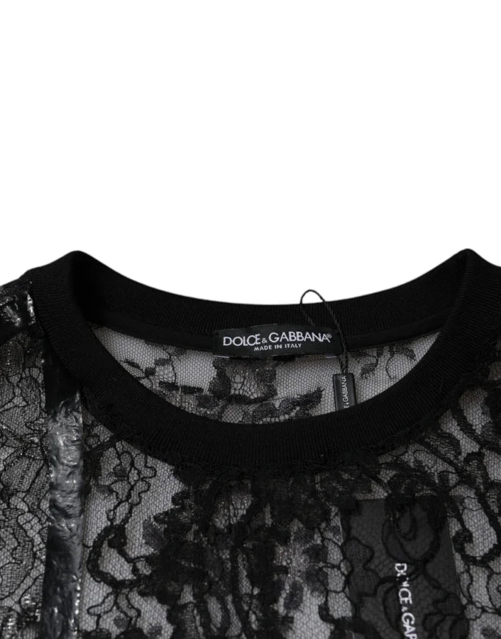 Dolce &amp; Gabbana Black Nylon Floral Lace Crew Neck T-shirt