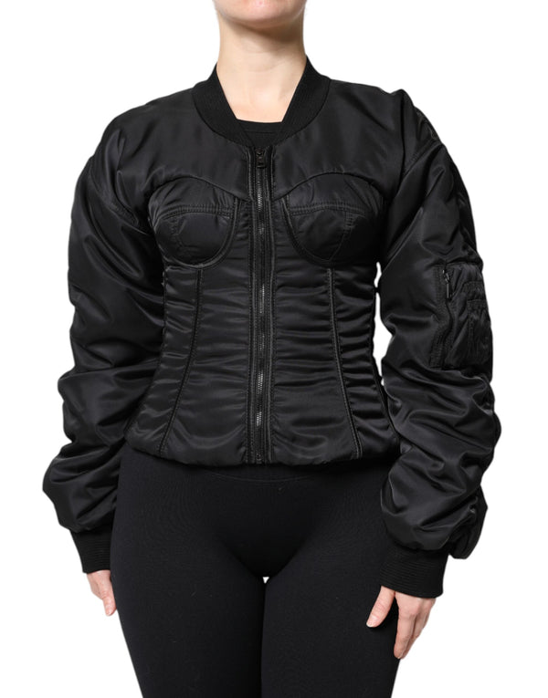 Dolce & Gabbana Bomber Jackets - Black Nylon Full Zip Bustier Corset Jacket