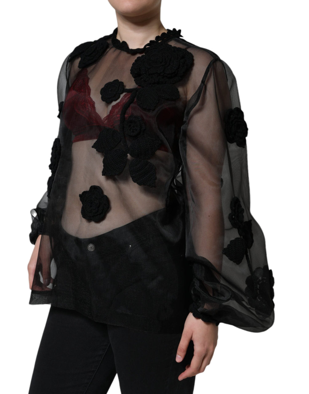 Dolce &amp; Gabbana - Black Nylon Mesh Transparent Floral Blouse