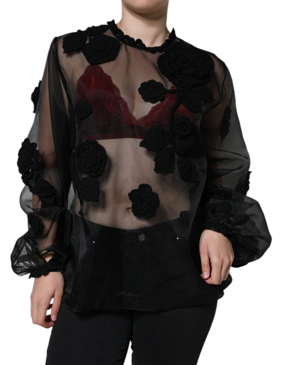 Dolce & Gabbana - Black Nylon Mesh Transparent Floral Blouse