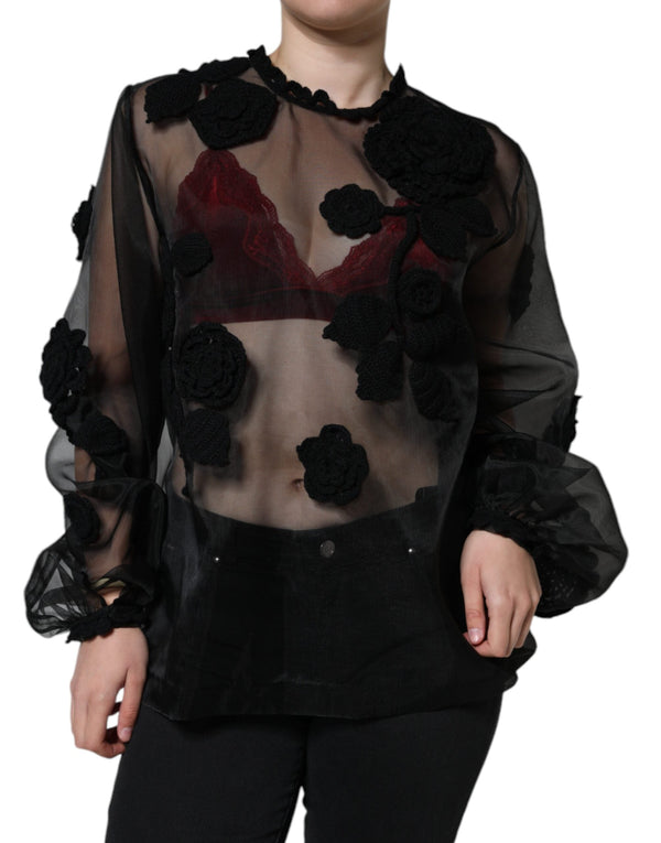 Dolce & Gabbana - Black Nylon Mesh Transparent Floral Blouse
