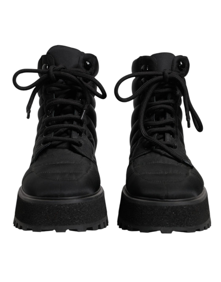 Dolce &amp; Gabbana Black Padded Mid Calf Lace Up Boots Shoes