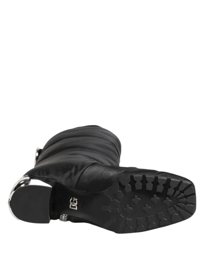 Dolce &amp; Gabbana Black Padded Mid Calf Logo Heel Boots Shoes