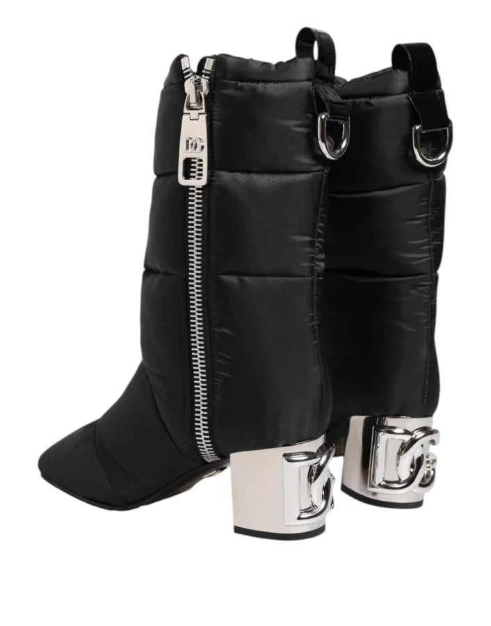 Dolce &amp; Gabbana Black Padded Mid Calf Logo Heel Boots Shoes