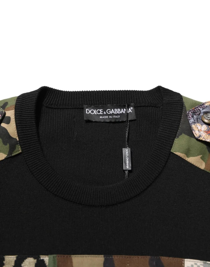 Dolce &amp; Gabbana Black Patchwork Crew Neck Pullover Sweater