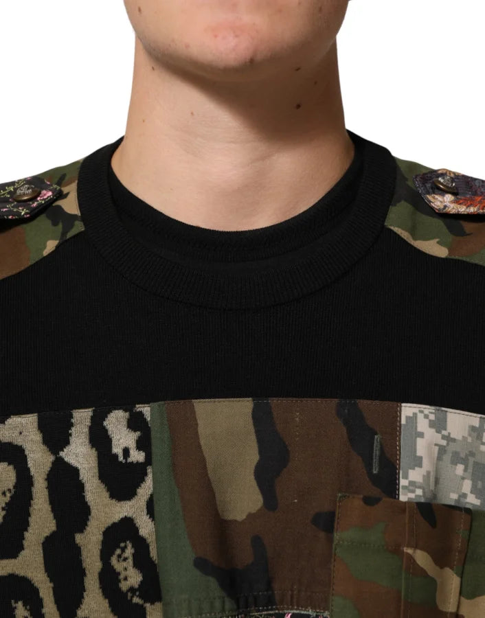 Dolce &amp; Gabbana Black Patchwork Crew Neck Pullover Sweater