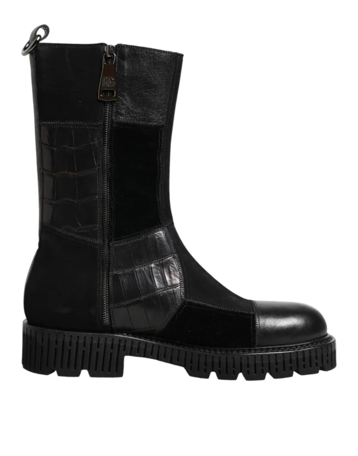 Dolce &amp; Gabbana Black Patchwork Leather Mid Calf Boot Shoes