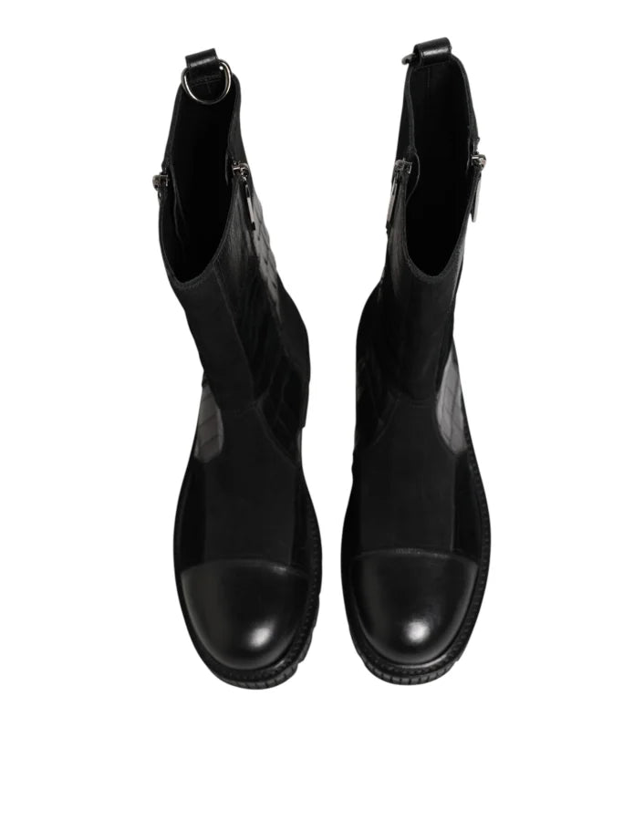 Dolce &amp; Gabbana Black Patchwork Leather Mid Calf Boot Shoes