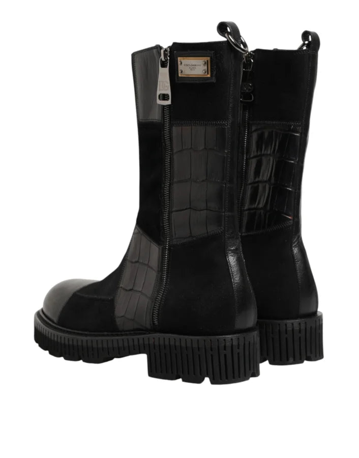 Dolce &amp; Gabbana Black Patchwork Leather Mid Calf Boot Shoes