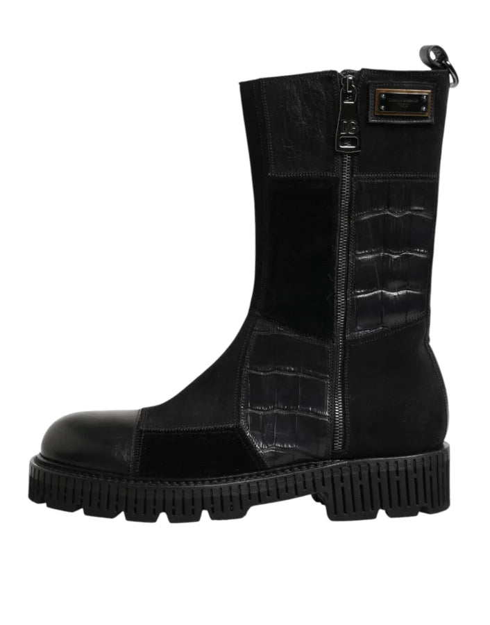 Dolce &amp; Gabbana Black Patchwork Leather Mid Calf Boot Shoes