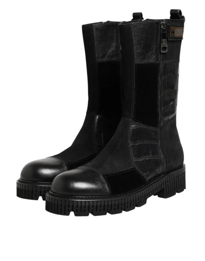 Dolce &amp; Gabbana Black Patchwork Leather Mid Calf Boot Shoes