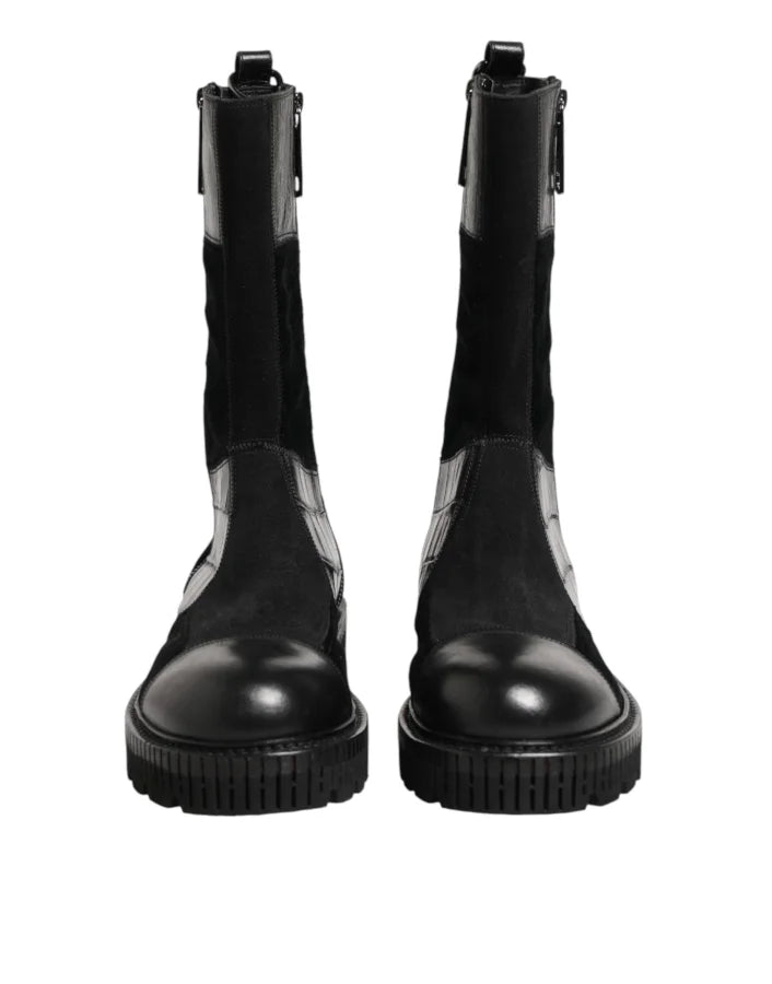 Dolce &amp; Gabbana Black Patchwork Leather Mid Calf Boot Shoes