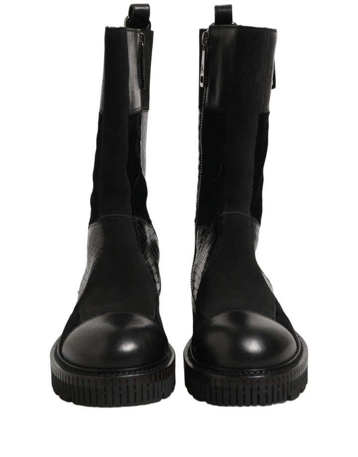 Dolce &amp; Gabbana Black Patchwork Leather Mid Calf Boots Shoes