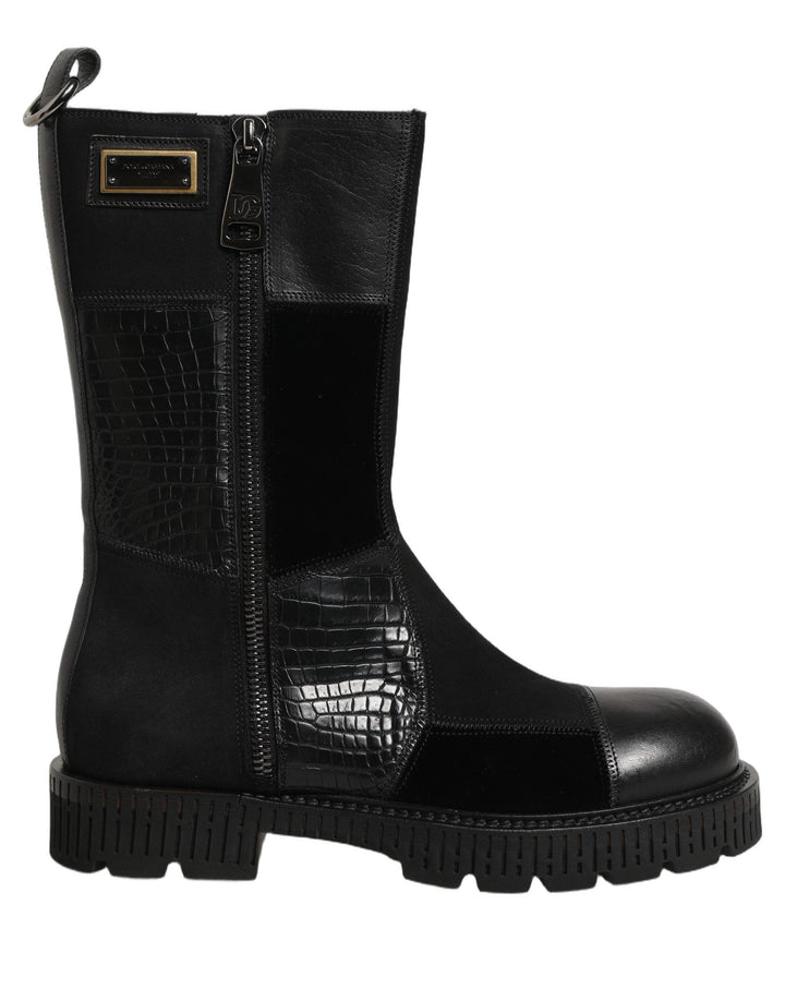 Dolce &amp; Gabbana Black Patchwork Leather Mid Calf Boots Shoes