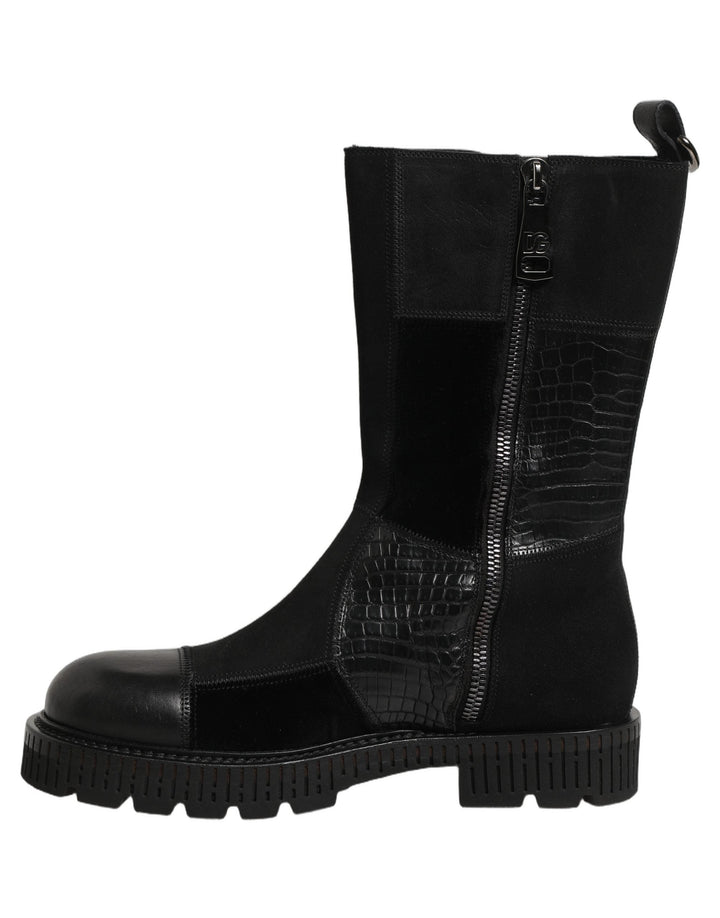 Dolce &amp; Gabbana Black Patchwork Leather Mid Calf Boots Shoes