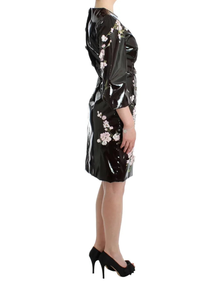 Dolce &amp; Gabbana Black patent floral HANDPAINTED dress