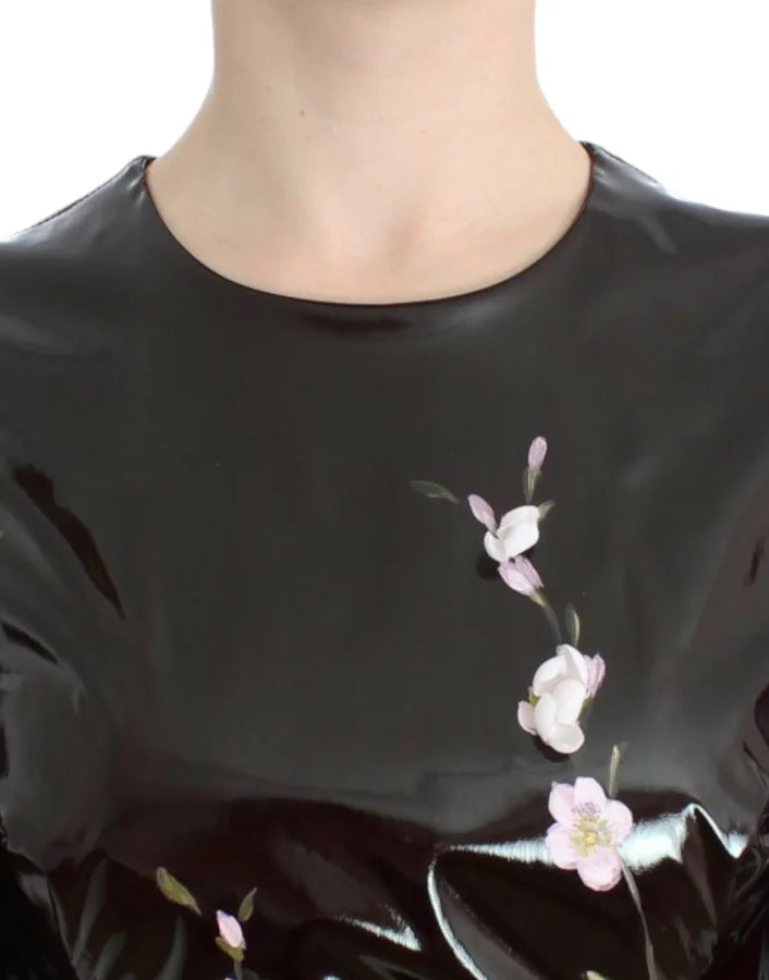 Dolce &amp; Gabbana Black patent floral HANDPAINTED dress