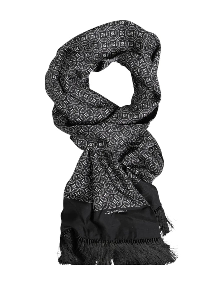 Dolce &amp; Gabbana Black Patterned Fringes Men Foulard Scarf