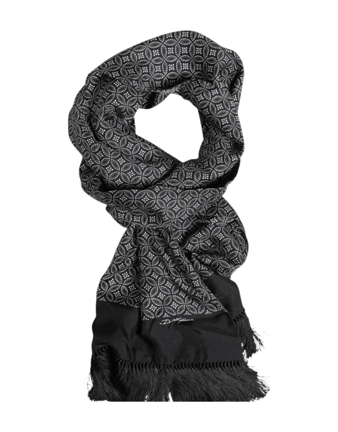 Dolce &amp; Gabbana Black Patterned Fringes Men Foulard Scarf