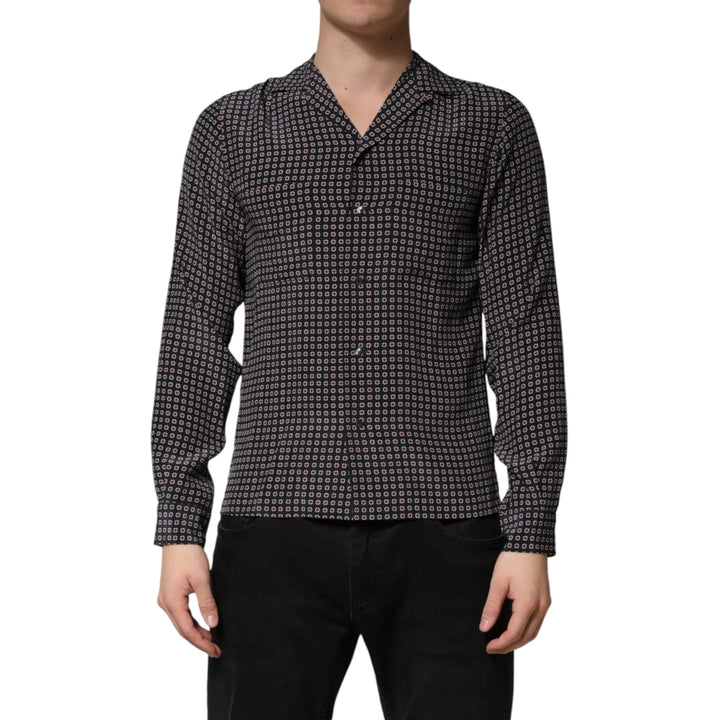 Dolce &amp; Gabbana Black Patterned Silk Men Button Down Shirt