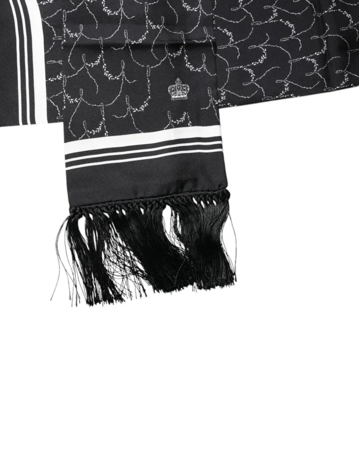 Dolce &amp; Gabbana Black Patterned Skinny Fringes Shawl Scarf