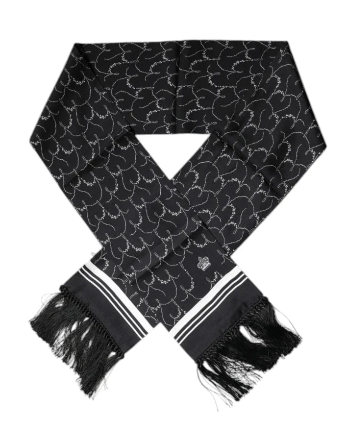 Dolce &amp; Gabbana Black Patterned Skinny Fringes Shawl Scarf