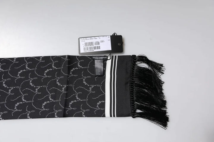 Dolce &amp; Gabbana Black Patterned Skinny Fringes Shawl Scarf