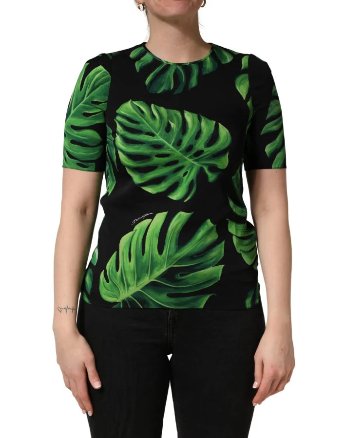 Dolce &amp; Gabbana Black Philodendron Print Silk Blouse Top
