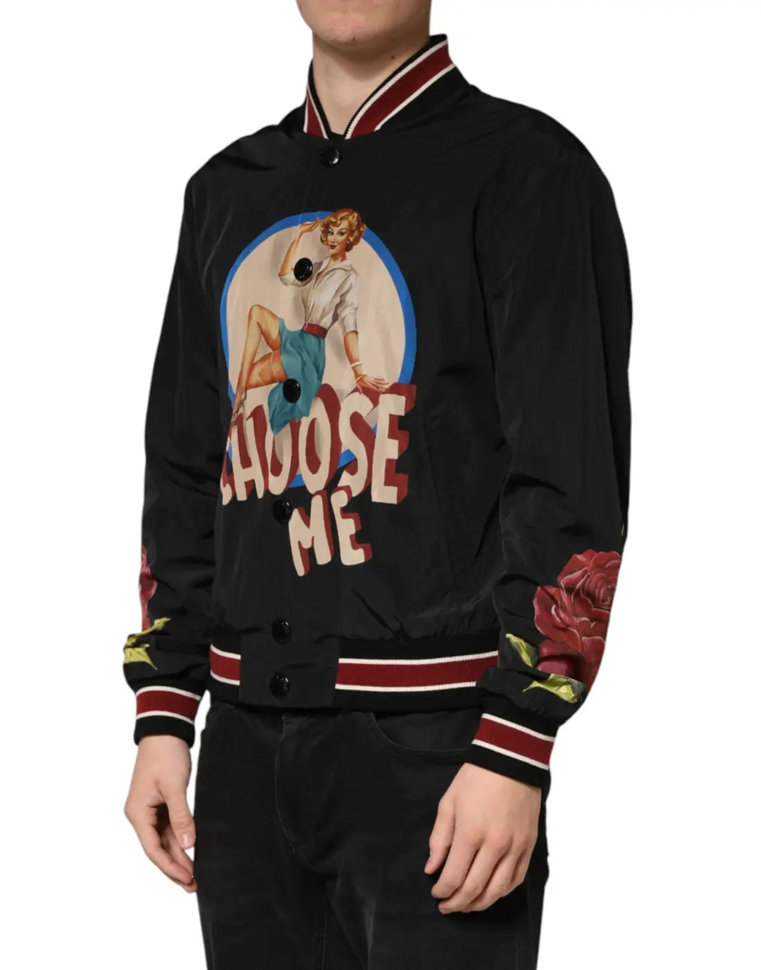 Dolce &amp; Gabbana Black Pin Up Button Down Men Bomber Jacket