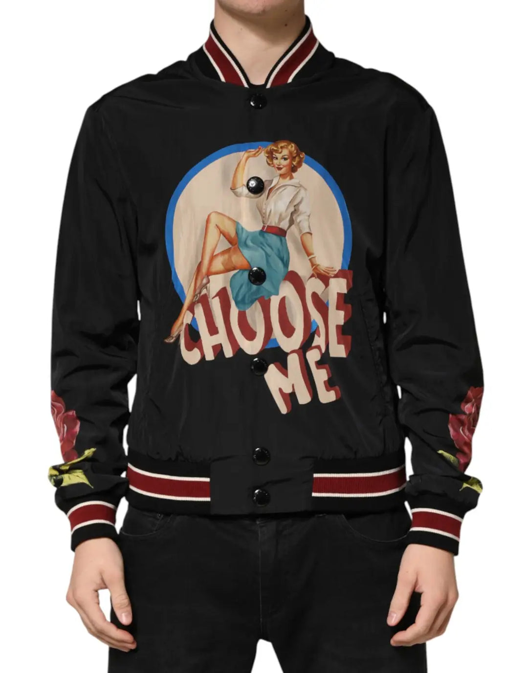 Dolce &amp; Gabbana Black Pin Up Button Down Men Bomber Jacket