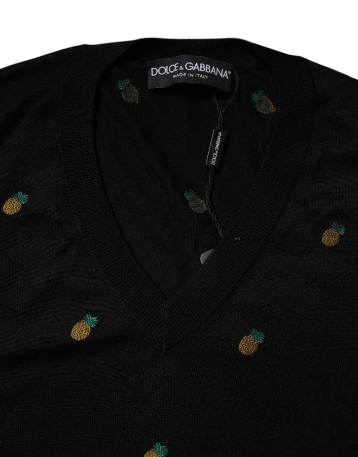 Dolce &amp; Gabbana Black Pineapple Crew Neck Pullover Sweater