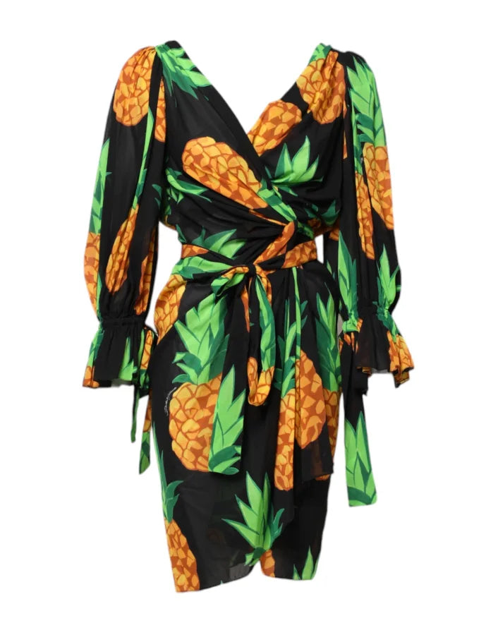 Dolce &amp; Gabbana Black Pineapple Print Silk Wrap Mini Dress