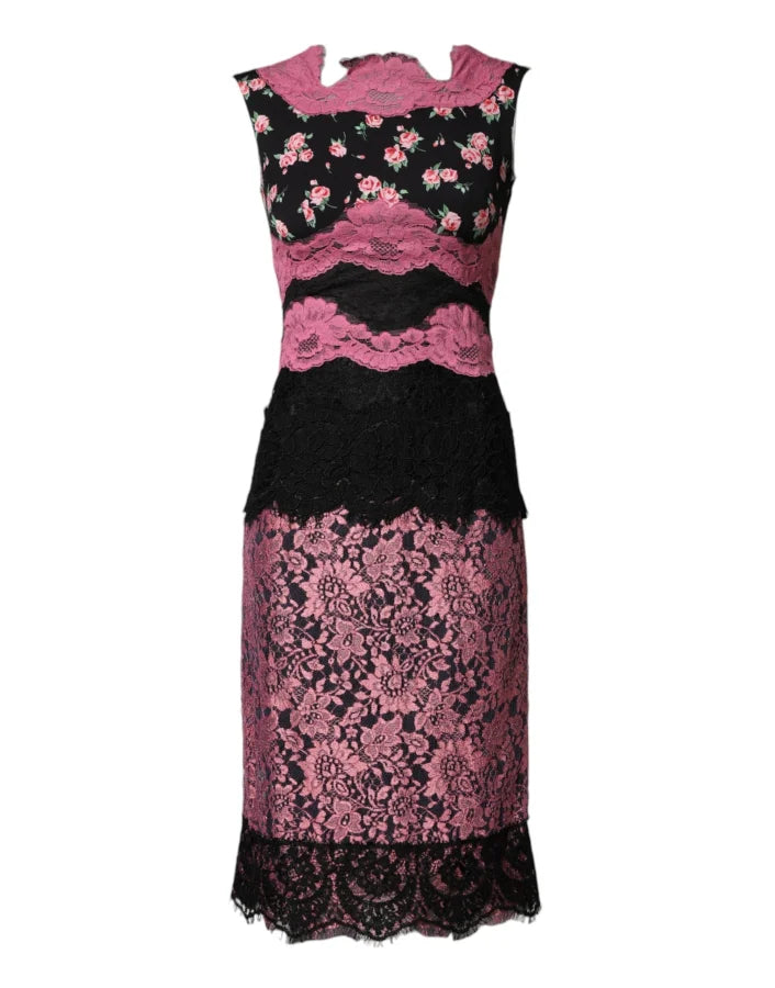 Dolce &amp; Gabbana Black Pink Floral Lace Silk Sheath Dress