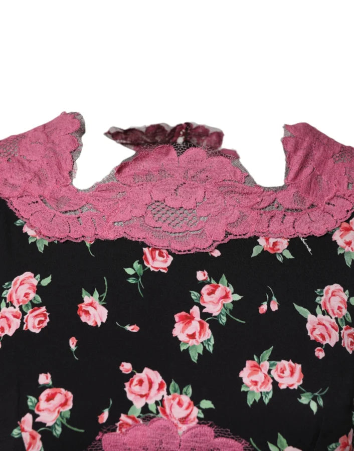 Dolce &amp; Gabbana Black Pink Floral Lace Silk Sheath Dress