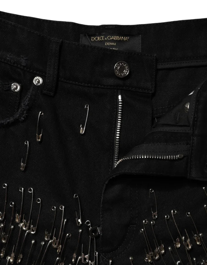 Dolce &amp; Gabbana Black Pins Cotton Denim Hot Pants Shorts