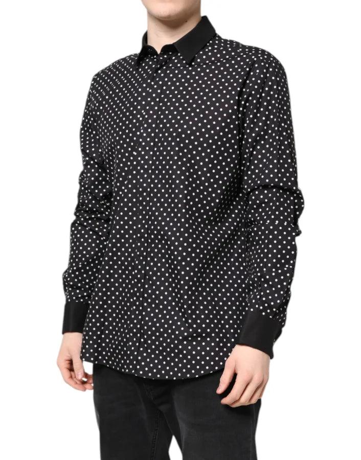 Dolce &amp; Gabbana Black Polka Dot Cotton Formal Dress Shirt
