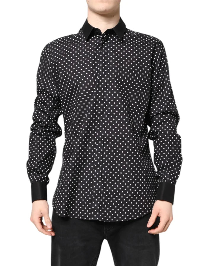 Dolce &amp; Gabbana Black Polka Dot Cotton Formal Dress Shirt