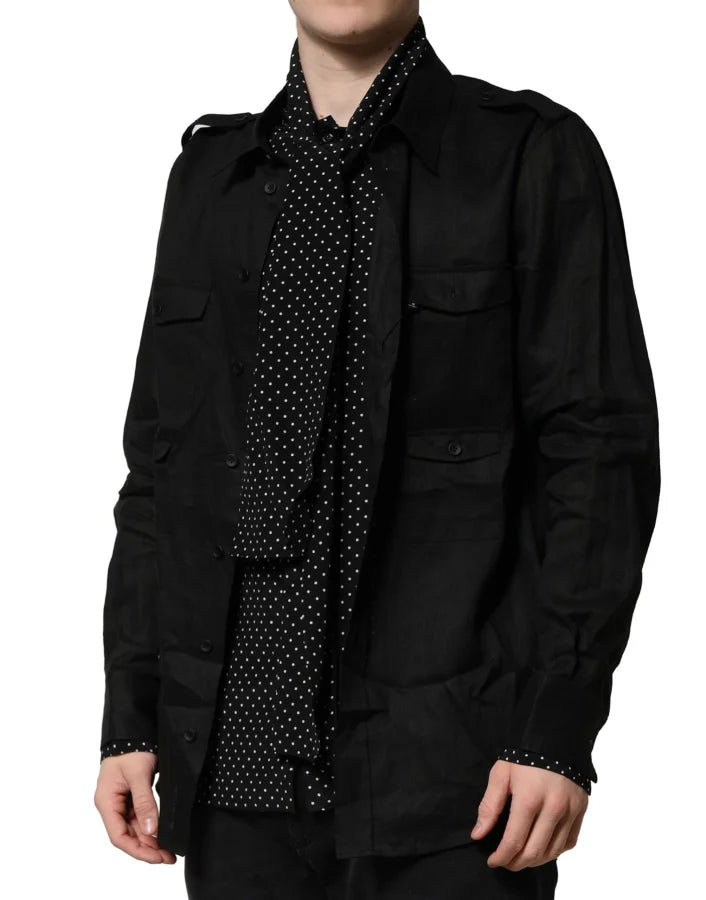 Dolce & Gabbana Black Polka Dot Linen Silk Men Casual Shirt