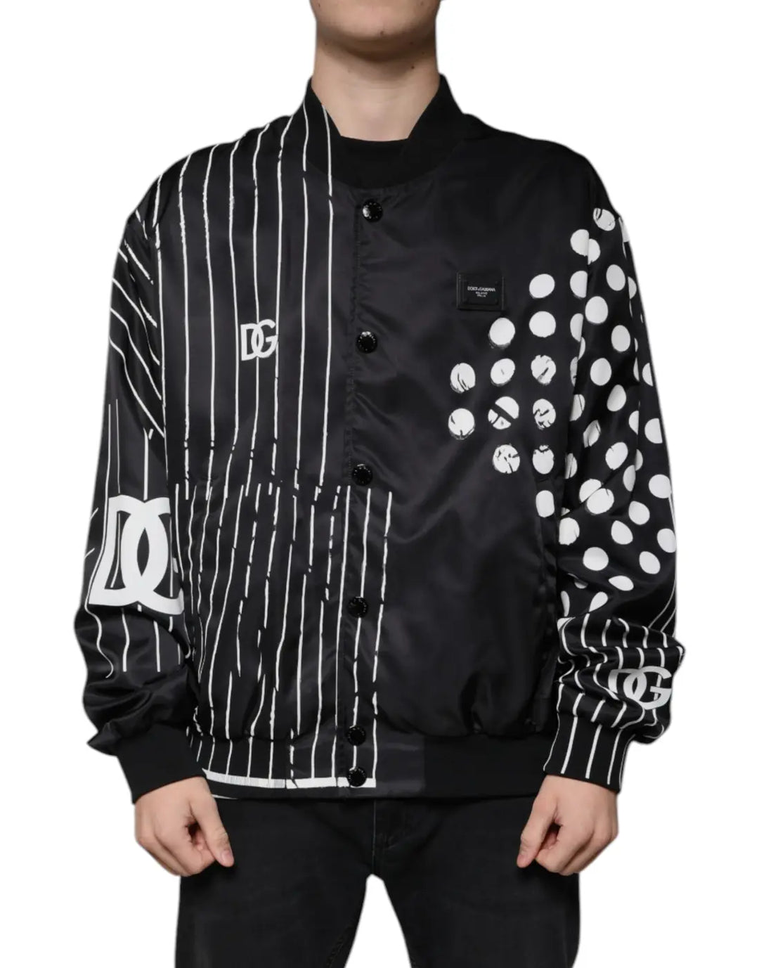 Dolce &amp; Gabbana Black Polka Dot Stripe Nylon Bomber Jacket
