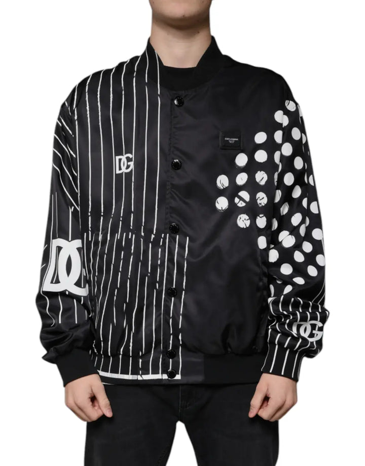 Dolce &amp; Gabbana Black Polka Dot Stripe Nylon Bomber Jacket