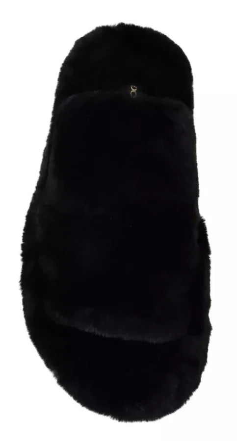 Dolce &amp; Gabbana Black Polyester Faux Fur Mens Flats Sandals Shoes