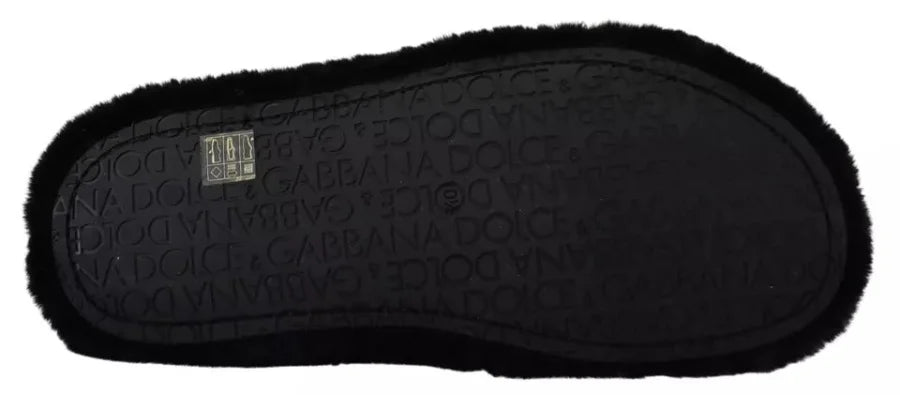 Dolce &amp; Gabbana Black Polyester Faux Fur Mens Flats Sandals Shoes