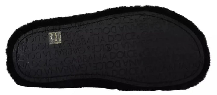 Dolce &amp; Gabbana Black Polyester Faux Fur Mens Flats Sandals Shoes