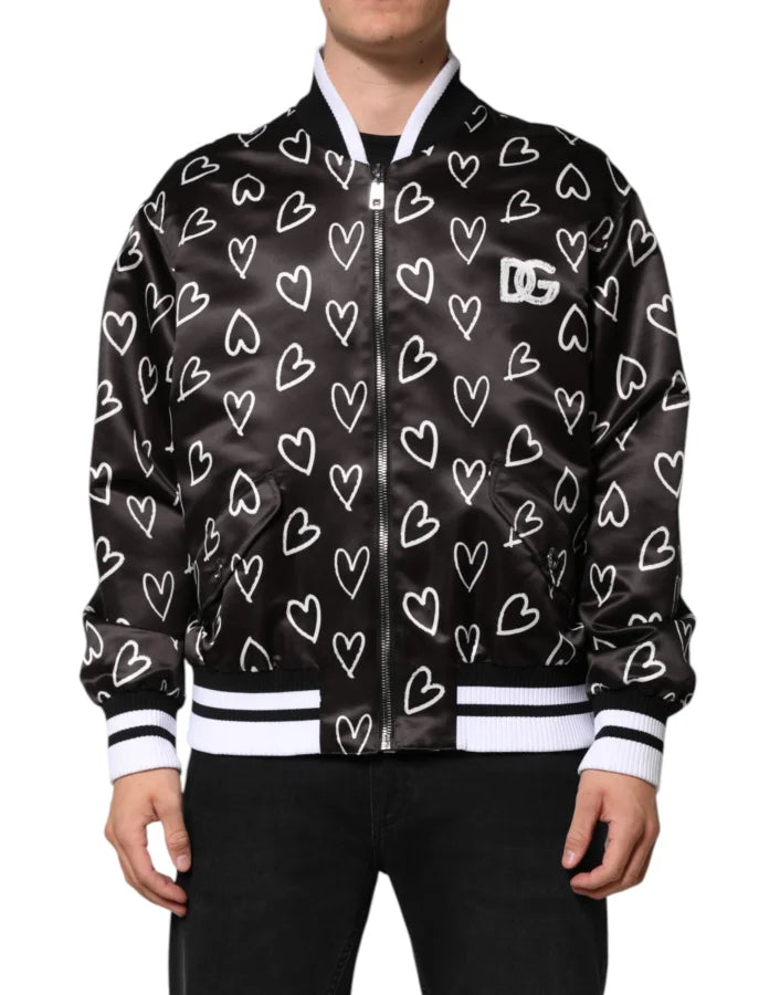 Dolce & Gabbana Black Polyester Heart Print Bomber Jacket