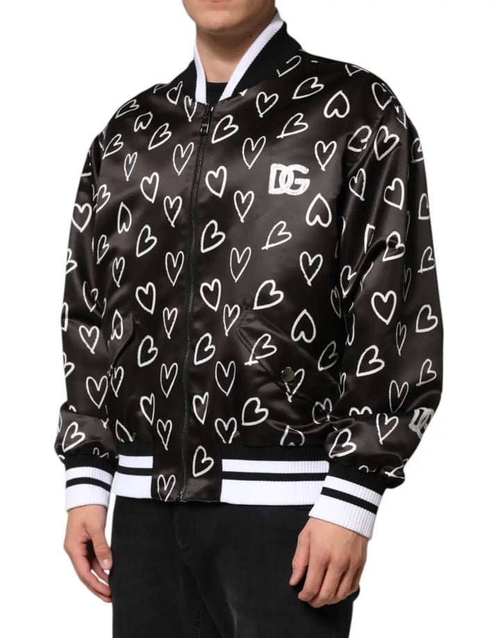 Dolce &amp; Gabbana Black Polyester Heart Print Bomber Jacket