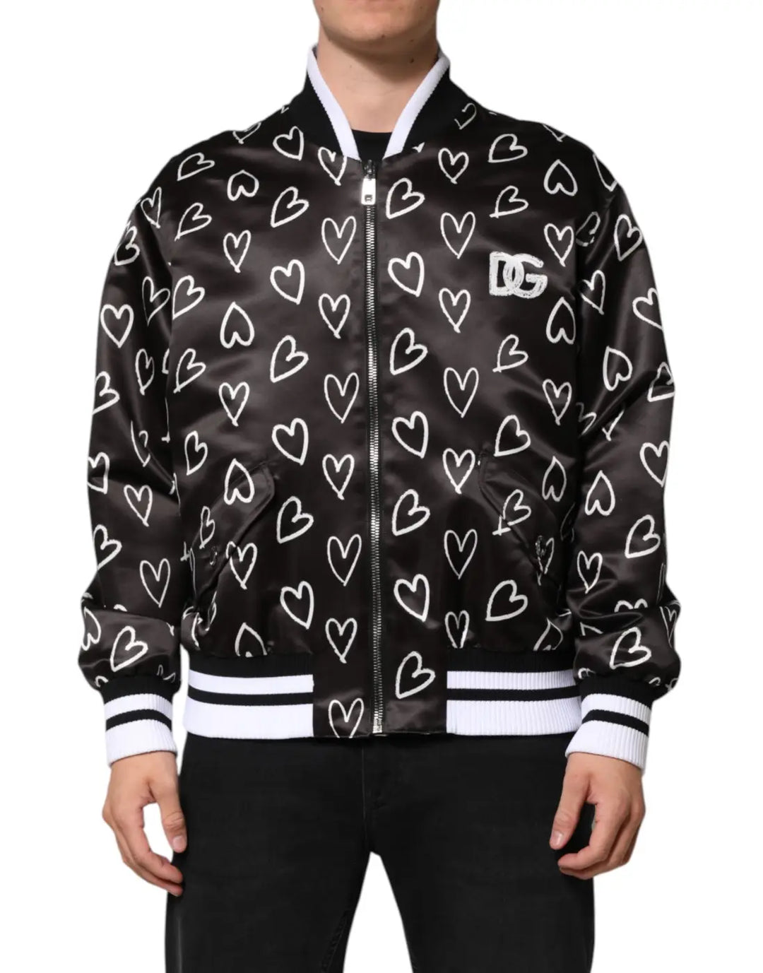 Dolce &amp; Gabbana Black Polyester Heart Print Bomber Jacket