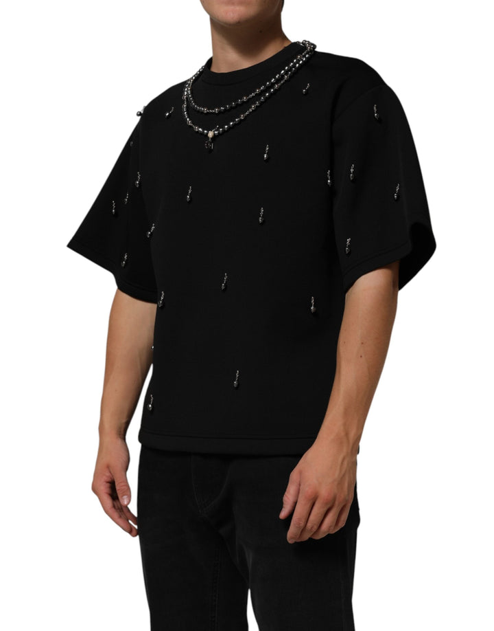 Dolce &amp; Gabbana Black Polyester Necklace Embellished T-shirt
